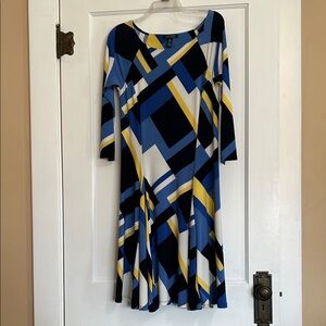 Ralph Lauren Blue and Yellow Geometric 3/4 Sleeve Dress. Size Medium.